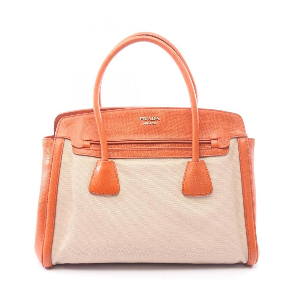 Prada Tote Bag Canvas Saffiano Leather Beige Cream Orange